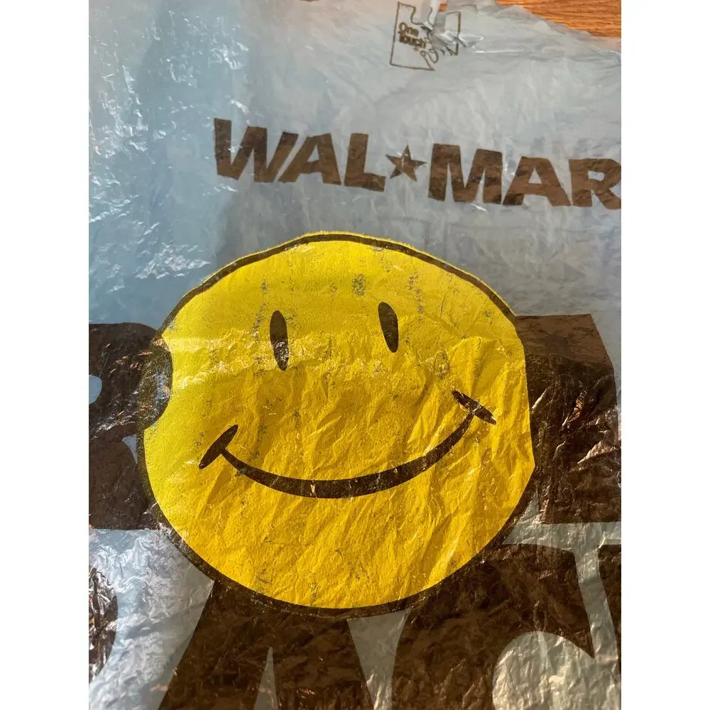 1997 Roll Back Wal-Mart Smiley Face Blue Plastic Shopping Bag Walmart